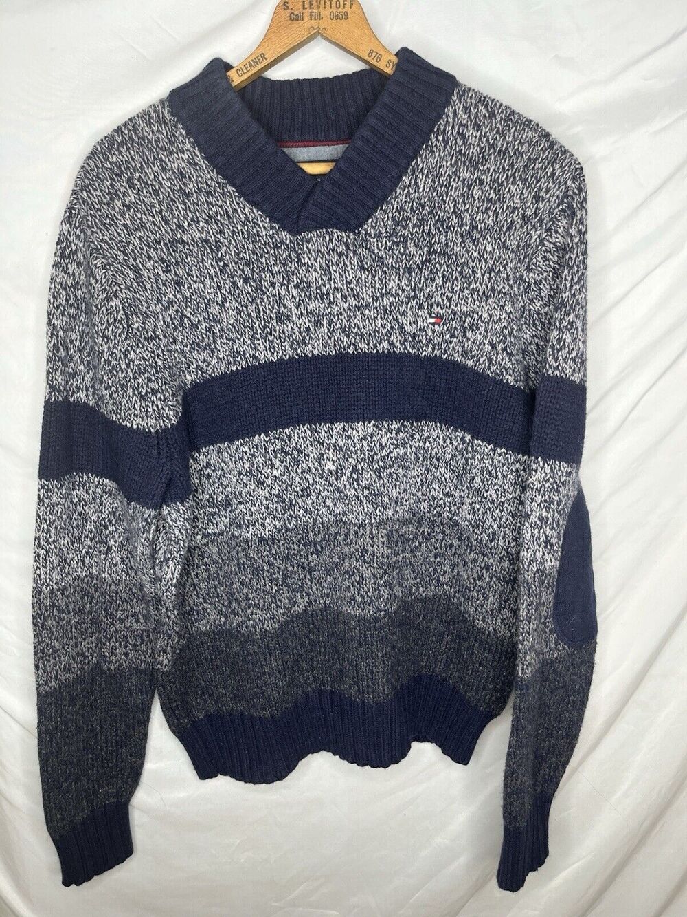 Tommy Hilfiger Pullover Sweater Elbow Patches Shawl Collar Large Lux Wool Blend